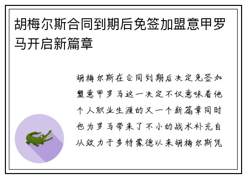 胡梅尔斯合同到期后免签加盟意甲罗马开启新篇章