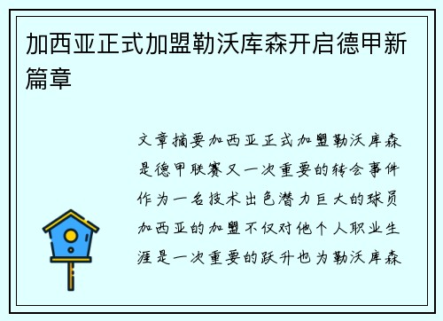加西亚正式加盟勒沃库森开启德甲新篇章
